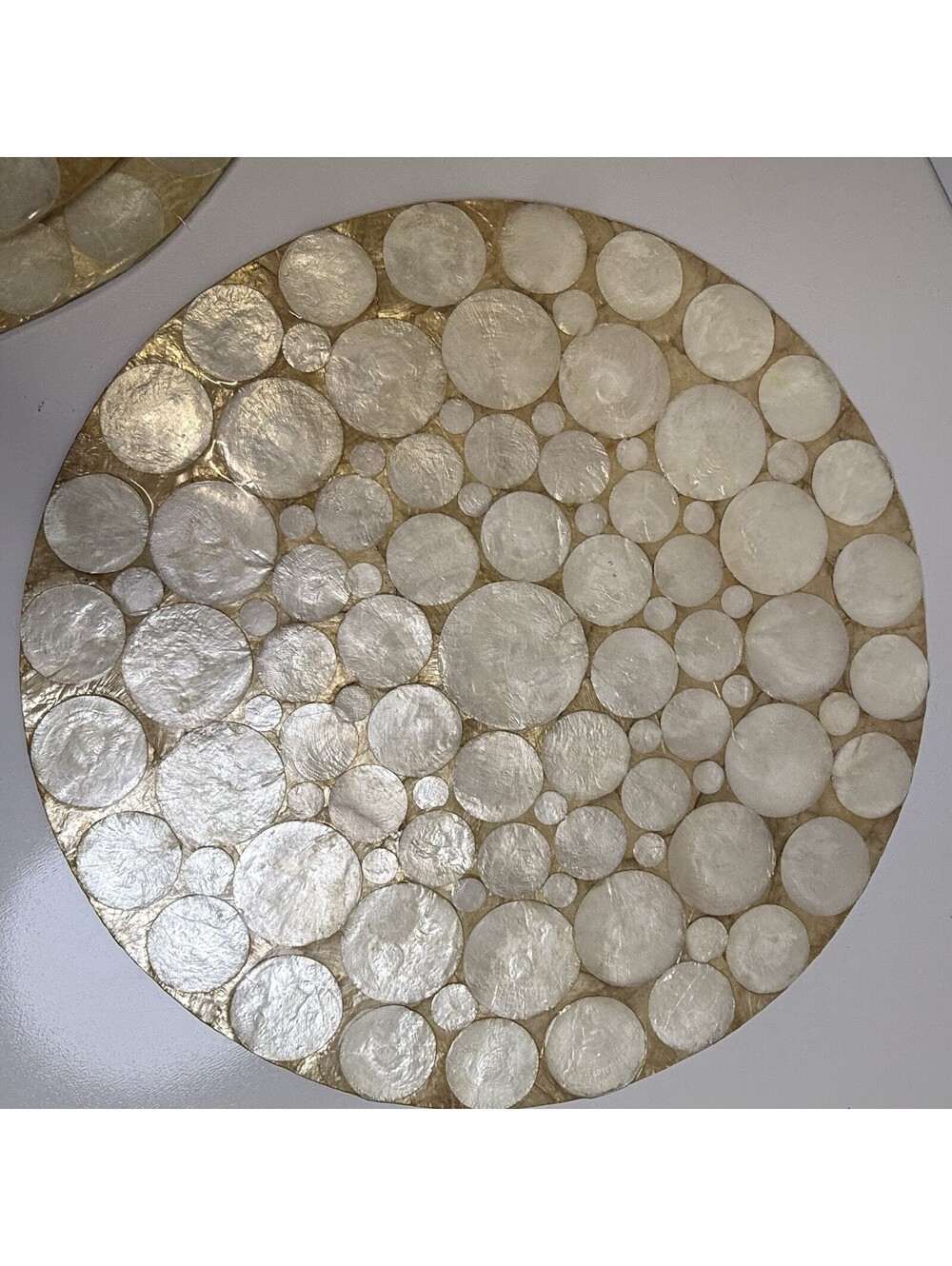 LOT Of 5 Mother of Pearl Capiz Shell Placemat 15” Round Table Mats Natural Gold